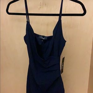 NWT S navy Lulus floor length prom dress slit